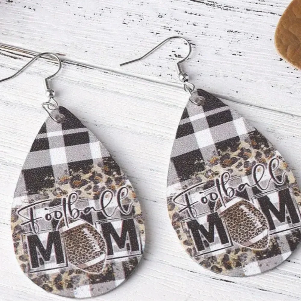 New Football mom faux leather leopard dangle earrings